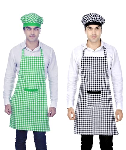 Image of Switchon Checkered Cotton Kitchen Cooking Apron with Chef Hat - Pack of 2 | Multi-Purpose Chef & Waiter Apron for Men & Women | Home, Hotels, Restaurants & Cafes | Proudly Made in India