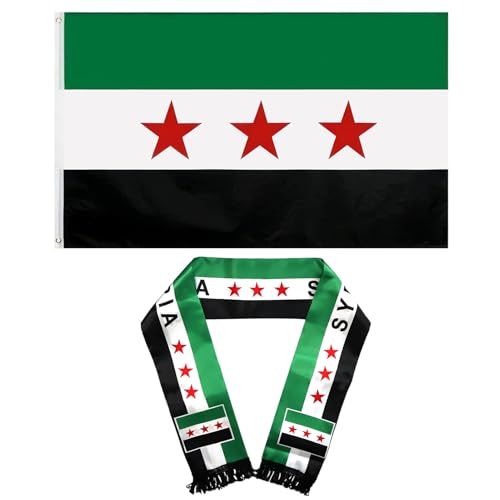 Hpbaggy Flagge Syrien Syrische Flagge 90 x 150 cm doppelseitiger syrischer Schal 135 x 14 cm Mit Messingösen Wetterfeste Außenflaggen