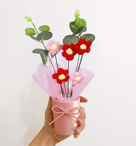 Image of Cortina 1pcs Artificial Crochet Flower Bouquet /Artificial Flowers Bunch /Crochet Flowers Bouquet /Crochet Flowers /Flowers Bouquet Gift for Girls Home Decor,Gifting,etc. (Red)