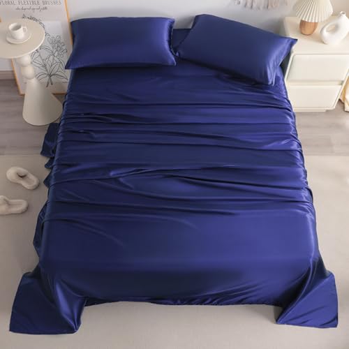 NTBAY King Satin Sheet Set, 4 Piece, Navy Blue - image 3