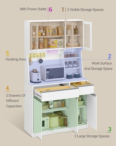 Hzuaneri Kitchen Cupboard with LED & Power Outlet, Tall Kitchen Cabinet with Countertop & 2 Drawers, Sideboard Storage Cabinet, Adjustable Shelves, for Dining Room, 40 x 100 x 180 cm, White PT00103XUK - Image 4