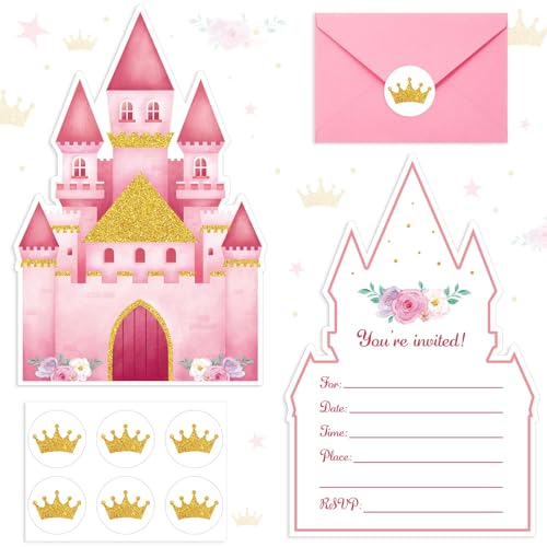 Humyoun 30 Sets Birthday Invitations with Envelopes Stickers Themed Invitations for Girl Boy Birthday Party Supplies Decoration (Pink Castles)