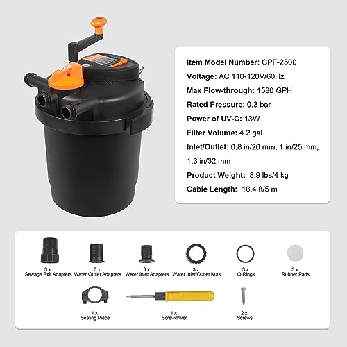 Image of VEVOR Pressurized Biological Pond Filter, Fit Pond Up to 1600 Gallons, with 13W UV-C Light, 1580 GPH, Bio Pond Filter System Filtration Equipment for Fountain Pool, Koi Fish Aquarium Tank Garden Water