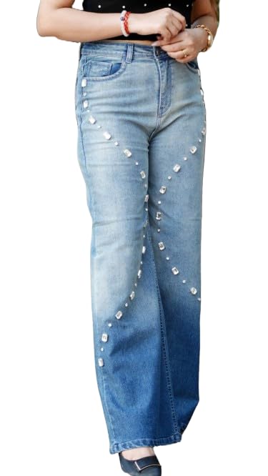Emberaa Women’s High Waist Wide Leg Dual Tone Blue Grey Denim Jeans with Crystal Stud Embellishment – Stylish Casual Statement Jeans-picture-18