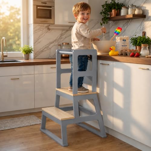 Baby Vivo Lernturm aus Holz - Tower Küche Kindermöbel Learning Tower - Schemel Lerntower für Kinder ab dem Stehalter - Tritthocker mit Tafel Montessori Küchenhelfer Lernstuhl in Grau