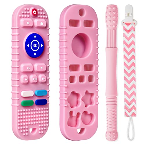 Image of Vicloon Silicone Baby Teether Toys,TV Remote Control Shape Teething Relief Baby Toys with Teether Tubes&Pacifier Clip,Baby Remote Control Teething Toys for 3 Months+ Boys&Girls,Freezer BPA Free(Pink)