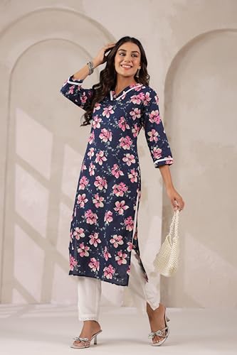 Image of Ichaa Women's Pure Cotton A-Line Ethnic V-Neck Kurta with 3 /4th Sleeve for Daily and Office Wear, in Plus Sizes