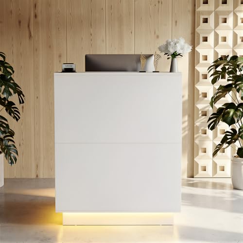 MSFE Mueble Recepción con LED, Mostrador de Recepción Pequeña,Mesa de Oficina con Estantes Ajustables,Cajón con Cerradura,Mostrador de Tienda, Mostrador de Venta,103X80X45cm,para Oficina, cafetería