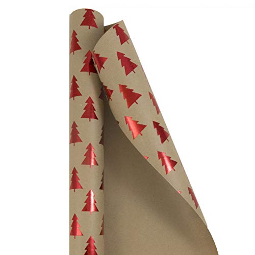 JAM PAPER Gift Wrap - Christmas Kraft Wrapping Paper - 25 Sq Ft - Red Trees on Brown Kraft Paper - Roll Sold Individually