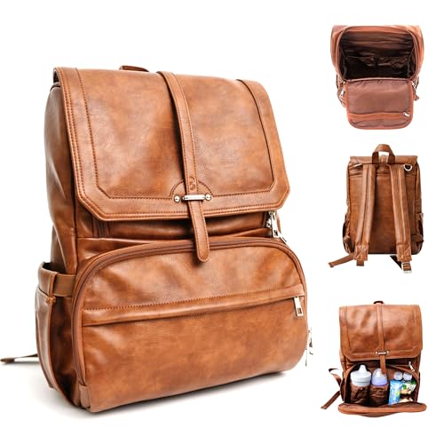 Image of Citi Collective Navigator Saddle Brown Diaper Bag Backpack -Premium Vegan Leather- Compact Spacious Design With Insulated Pockets and Stroller Clips