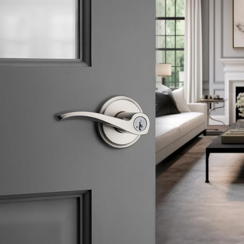 Image of Kwikset Sedona Entry Door Handle with Lock and Key, Secure Keyed Reversible Lever Exterior, for Front Entrance and Bedrooms, Satin Nickel, Pick Resistant Smartkey Rekey Security and Microban