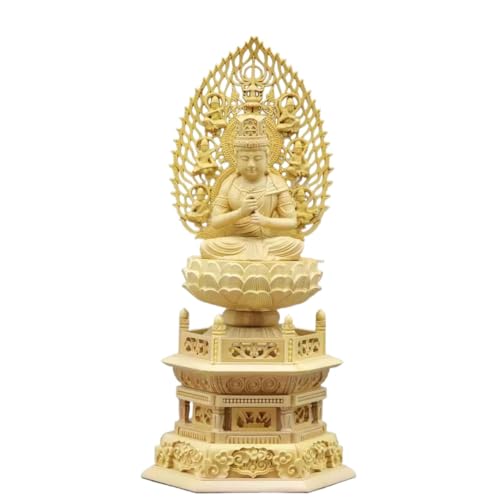 木彫り仏像 柘植製 (真言宗)大日如来 六角台座 火炎光背(高さ21.5cm×巾10cm)◆仏壇用のご本尊仏像