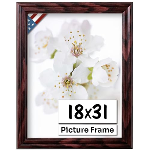 Cherry 18x31 Picture Frame .75" Inch Wide - Cherry Wall Decor Handmade Solid Wood Frames with Preinstalled Hangers and UV Blocking Plexiglass 31x18 Frame