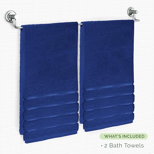 Image of Elegant Comfort 100% Turkish Cotton 4 Lines Viscose Stripe Luxury 2 Pack Bath Towel Set 27 x 54 Inch - Super Soft and Highly Absorbent Premium Hotel Spa Quality Towels for Bathroom Use, Royal Blue