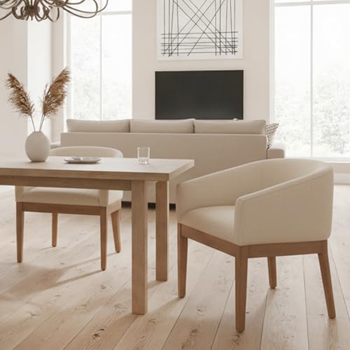 Mid Century Modern Upholstered Barrel Dining Chairs with Arms Set of 2, Farmhouse Linen Kitchen & Dining Room Chairs with Natural Hardwood Frame, 18