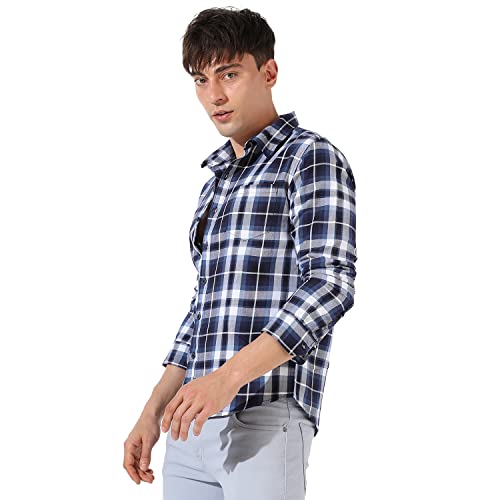 Image of CAHOOT Men's Blue Checkered Collared Button Up Shirt for Casual Wear | Shirt Crafted with Regular Sleeve, Comfort Fit & High-Performance for Everyday Wear