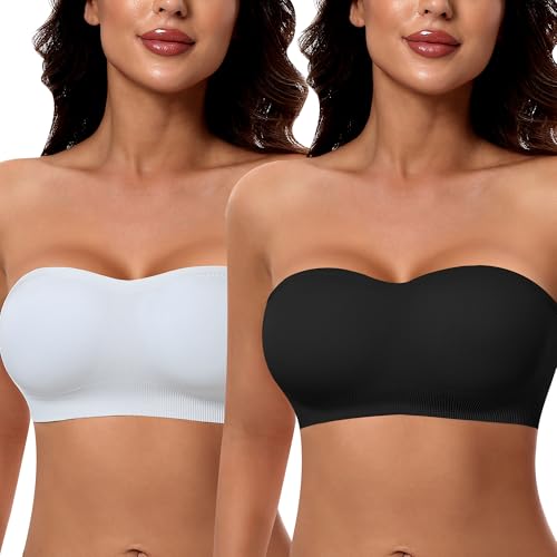 Image of DOCUMO Strapless Bra for Women Padded Bandeau Bra Non-Slip Silicone Seamless Wireless Tube Top Bra