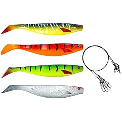 Señuelos Para Aguas Turbias PetrisCatch - Juego de 4 cebos blandos de goma, 15 cm, activos UV, mezcla de colores para aguas turbias y claras, 4 anzuelos de acero, para lucio, lucioperca, perca y siluro