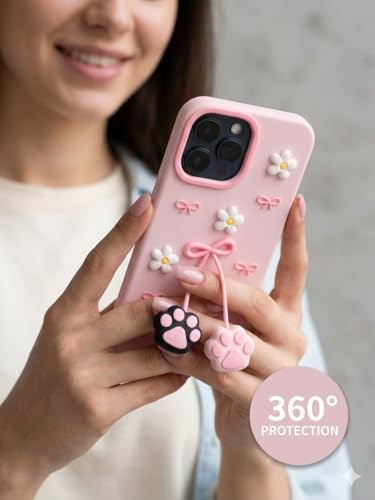 Image of for iPhone 15 Soft Silicone Phone case Features 3D Cartoon Flower and cat paw Claw Designe | Full Camara Protection | Super Soft-Touch |Shock Proof Back Cover for iPhone 15 (Pink)