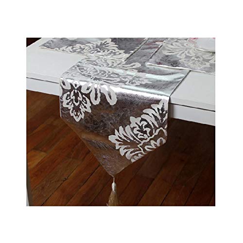 Lieson Chemin Table Soie Argent Blanc, Chemin de Table de Mariage Motif Fleur Chemins de Table 33x250CM