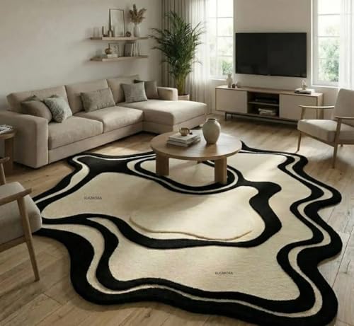 Image of Hand Tufted Wool Rug 6x8 Ft - Modern Irregular Shape Aesthetic Carpet, 1 Inch Thick Pile, Anti-Skid Backing, Soft Handmade Woolen Area Rug for Living Room, Bedroom, Hall Decor