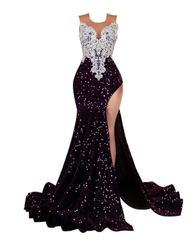 Sequin Sleeveless High Split Mermaid Prom Evening Dress Glitter Sequin Beaded Applique Pageant Gala Formal Party Gown