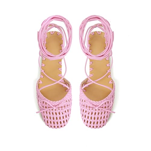 Image of Woven Ballet Flats for Women Lace Up Closed Square Toe Summer Sandals Dressy Shoes
