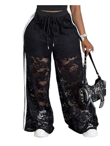 Verdusa Women's Plus Size Lace Sheer Baggy Pants Streetwear Wide Leg Long Trousers3