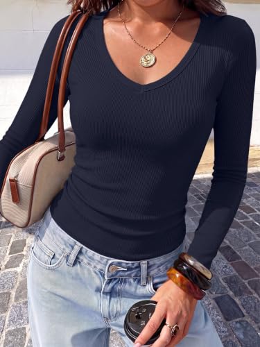 Image of ANRABESS Long Sleeve Shirts for Women Fall V Neck Slim Fit Tops Basic Tee