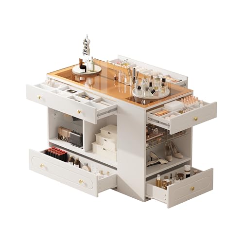 JGOEI Bedroom Wardrobe Armoire Island, Glass Display Shelf &6 Drawers,