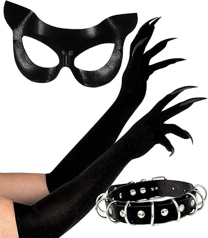 Máscara De Gata De Cuero PU Con Collar Corazón Y Guantes Cortos – Disfraz Para Mujer – Ideal Para Halloween Y Carnaval