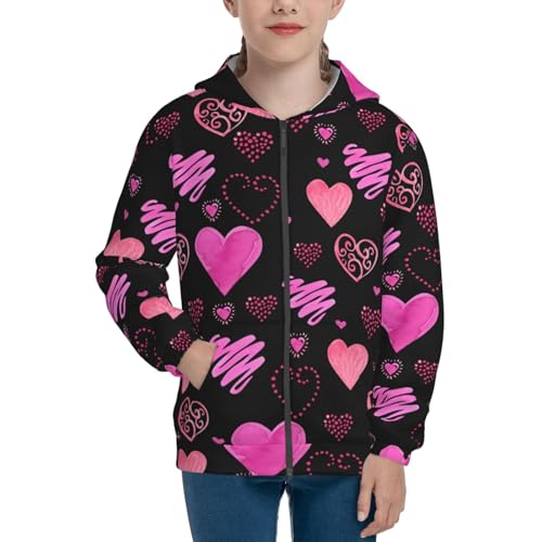Red Watercolor Hearts Kids Pullover Hoodies Boys Zip Up Sweatshirts Girls Athletic Clothes with Pocket3