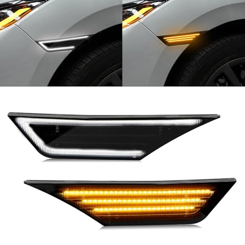 HERCOO Side Marker Turn Signal Lights LED Daytime Running Light, Switchback White & Amber Fender Sidemarker Smoke Lens Lamp Assembly Compatible with Honda Civic 10 Gen 2016-2021, Pack of 2