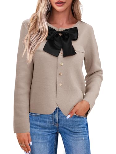 Saodimallsu Womens Button Down Cropped Cardigan Sweaters Cute Bow Long Sleeve Crew Neck Knit Sweater Jacket Coat Khaki