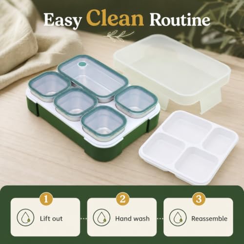 Image of ZenBox Stainless Steel Bento Lunch Box, Leak-Resistant Tiffin Box, BPA-Free Food Container for Office, School and Everyday Use (Green, 5 Compartment)