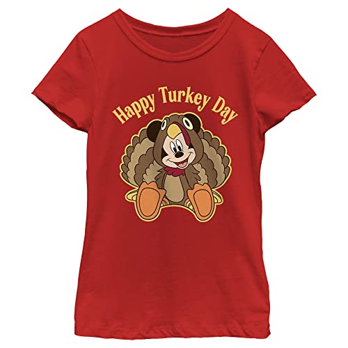 Disney Mickey Classic Happy Turkey Day Girls Standard T-Shirt, Red, Medium