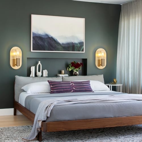 Image of Modern Wall Sconces Set of Two Mid-Century Sconces Wall Lighting 6W Stainless Steel Oval Decor Gold Wall Lamps for Bedrooms Living Room Bathroom Corridor