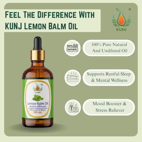 Image of KUNJ Lemon Balm Essential Oil 100ml - Pure Melissa officinalis Oil for Stress Relief, Relaxation, Calm Mood, Sleep Support, Aromatherapy, Diffuser & Skin Care | 100% Natural