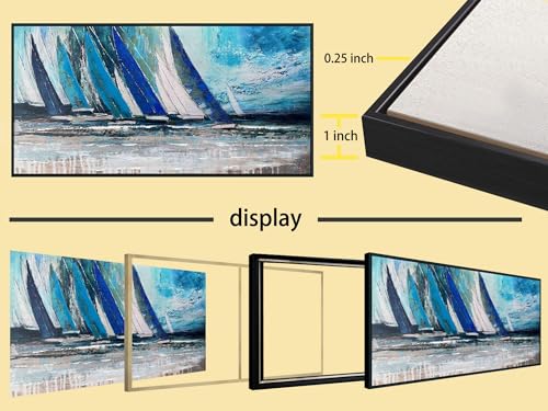 Arjun Framed Wall Art Blue Abstract Wall Art Canvas for Living Room, Teal Coastal Nautical Sailboat Picture Painting Artwork Bedroom Home Office Wall Decor, Black Wood Large 48"x24" - Image 6