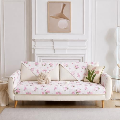 Image of HOMETHREADS Anti-Skid Sofa Protector Mat: Premium Printed Cotton Slipcover with Strong PVC Non-Slip Backing, (White Pink, 1Pc Backrest | 70x75cm)