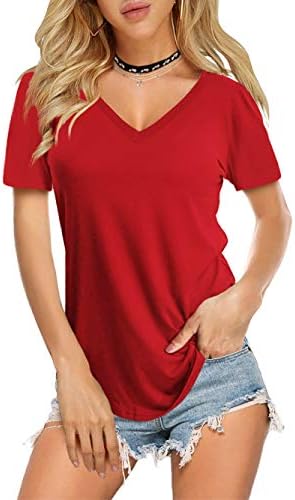 Amoretu Womens Plain V Neck Summer Tee Shirts Casual Short Sleeve Tops(Red,S)