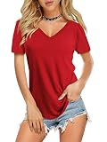 Amoretu Womens Plain V Neck Summer Tee Shirts Casual Short Sleeve Tops(Red,L)
