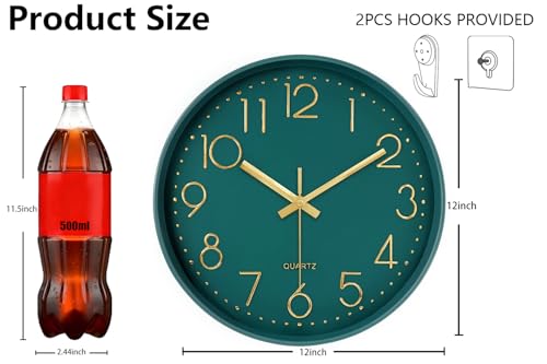 Image of Modern Silent Wall Clock, 12 Inch Wall Clocks Battery Operated Large Number, Non-Ticking Analog Clock with Tempered Glass Quartz Clocks for Living Room Bedroom Office Kitchen, Dark Green