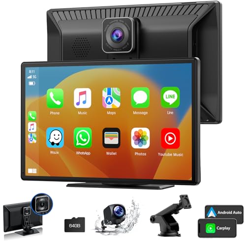 Volam Ecran A-pple Carplay Voiture Android Auto sans Fil ave 2.5K Dashcam Voiture Avant et Arrière, Portable Autoradio Car Play avec écran Tactile 9 Pouces, Airplay, GPS, FM, Siri, G-oogle Assistant