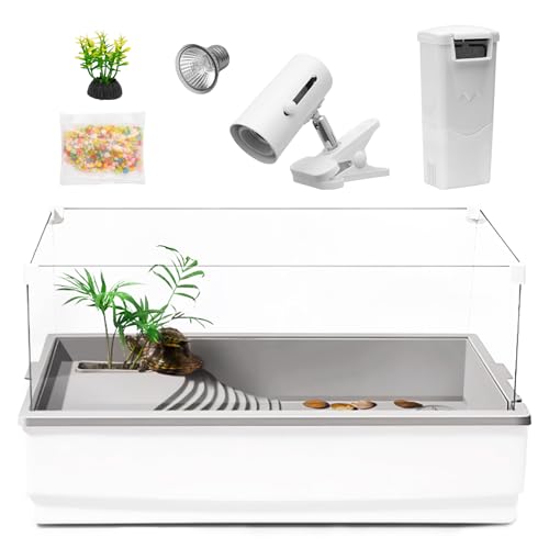 Turtle Tank Aquarium, Reptile Tank Habitat Kit, Acrylic Turtle Tank Starter Kit with Multi-Function Area, Water Filter, UV Basking Platform Light for Turtles, Cray, Fish, Small Reptiles