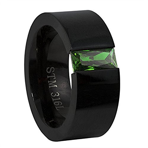 Panvisionary Stainless Steel Ring Black Squared Band Green Rectangular Floating Cz (7)