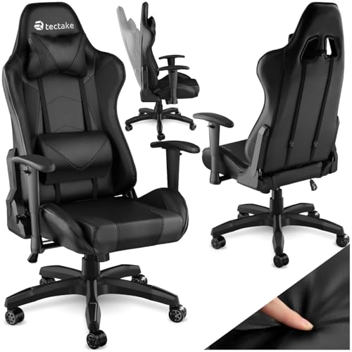 tectake® Silla Gaming, Silla Ergonómica con Reposabrazos Ajustables, Sillas de Estudio Moderna, Sillas con Reposacabezas y Cojín Lumbar Extraíbles, Mecanismo Basculante, Rotación 360° - Negro/Negro