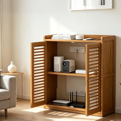 Image of WiFi Router Storage Cabinet with Louvered Doors,Adjustable Shelves,Multi-Functional Hidden Storage Cabinet,for Living Room,Office,Small Households