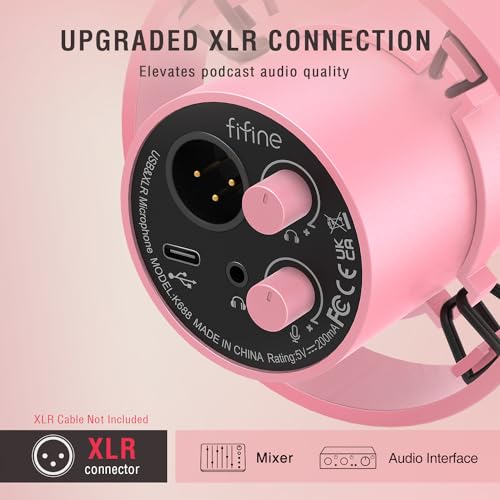 Image of FIFINE XLR /USB Dynamic Microphone, Studio XLR Vocal Podcast Microphone for Recording, USB Streaming Mic with Mute Button, Gain Knob, Headphones Monitoring for Voice-Over, Video-Amplitank K688 Pink