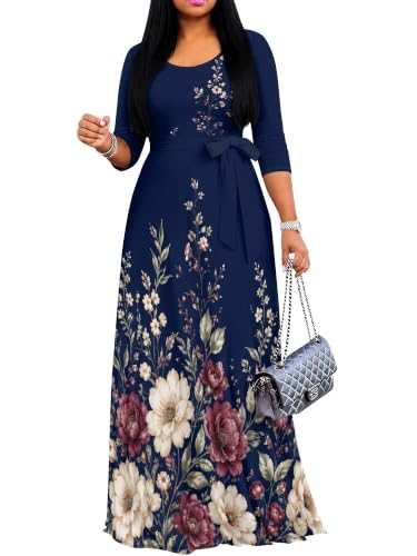 Image of Maxi Dress for Women with Sleeves, Empire Waist Dress | A-line shape, self-tie belt, side pockets and pull-on design; stretch fabric for church, work and casual wear